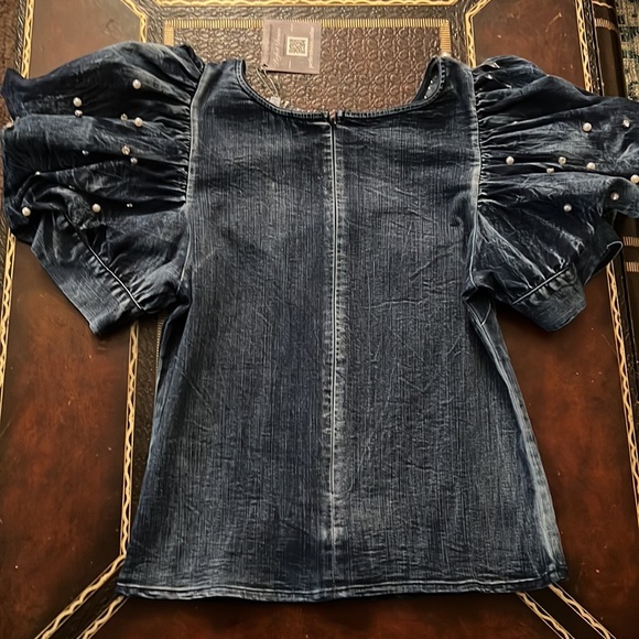 DENIM PUFF SLEEVE TOP WITH RHINESTONE AND PEARL ACCENTS - Picture 2 of 2